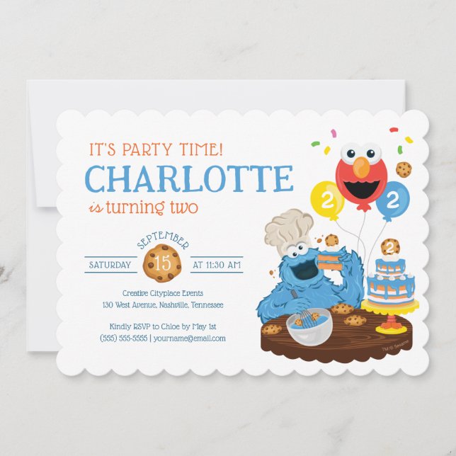 Invitación Barrio Sésamo | Pastel de cumpleaños de Cookie Mon (Anverso)