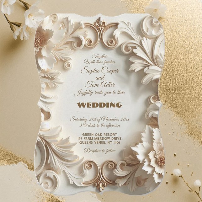 Invitación Barroco blanco dorado suave elegancia Floral Swirl (Soft Golden White Baroque Elegance Floral Swirls Invitation)