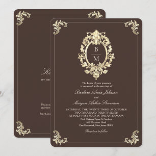 Invitación Barroco de Monograma en Barra de Oro Marrón Chocol