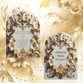 Invitación Barroco Dorado Grandeur Flor Blanca Arqueado