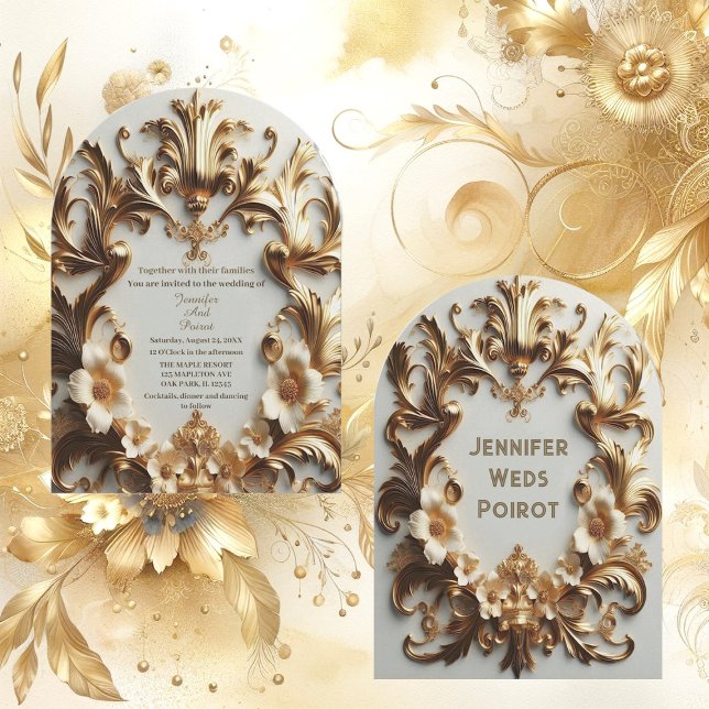 Invitación Barroco Dorado Grandeur Flor Blanca Arqueado (Golden Baroque Grandeur White Flower Swirl Arched Invitation)
