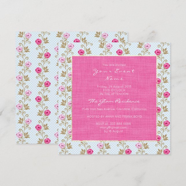 Invitación Barroco Marie Antoinette Floral Pastel Roses rosad (Anverso / Reverso)