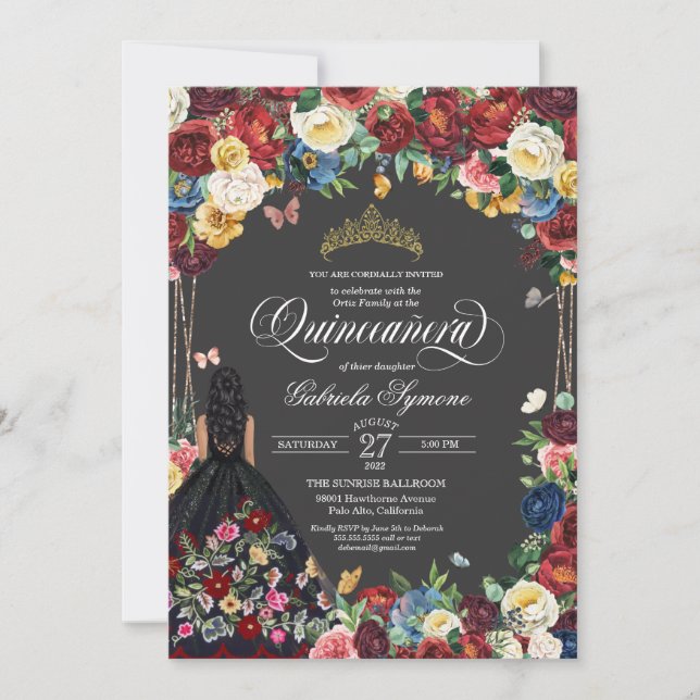Invitación  Barroidery mariposa Floral Quinceanera  (Anverso)