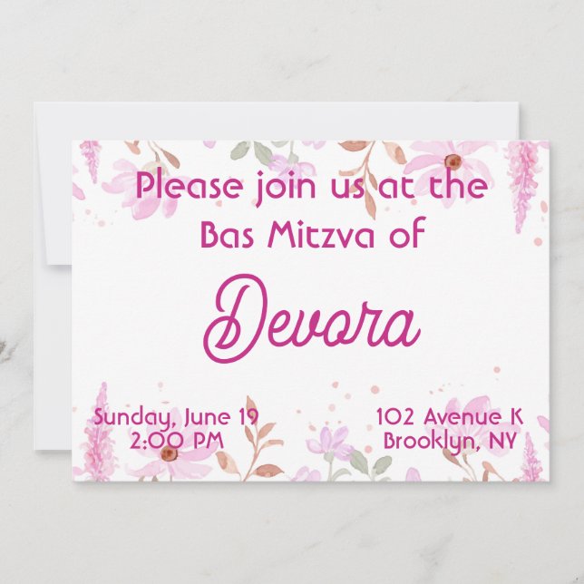 Invitación Bas mitzva floral (Anverso)