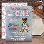 Invitación Baseball 1st Birthday Teddy Bear Little Slugger<br><div class="desc">Celebrate your little slugger’s big milestone with this adorable teddy bear baseball first birthday invitation. A charming vintage-style teddy bear dressed in a classic baseball uniform stands on the field ready for the big game, making this design perfect for a baseball themed baby or toddler birthday celebration. The soft blue...</div>