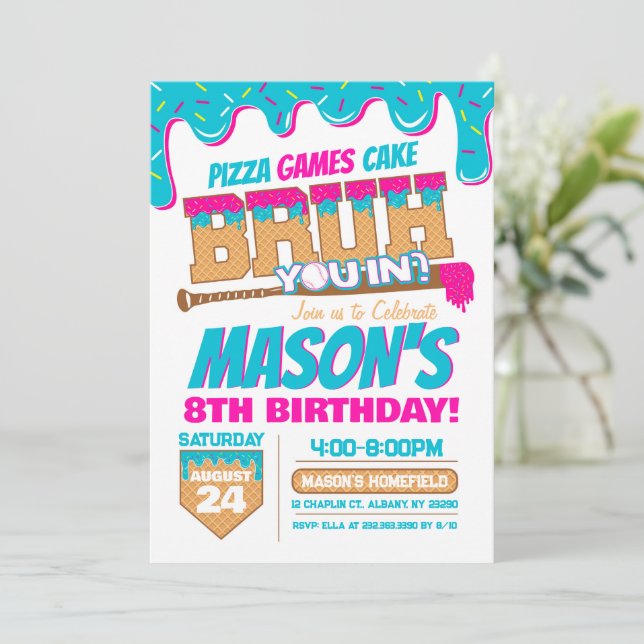 Invitación Baseball Birthday Invitation Drip Bruh Theme (Anverso de pie)
