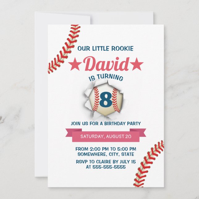 Invitación Baseball Boy 8. Fiesta de Cumpleaños (Anverso)