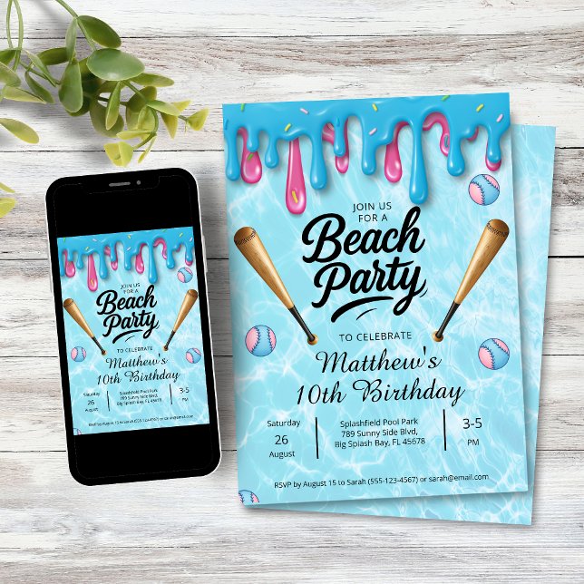 Invitación Baseball Drip Beach Party Kids / Teenagers (Baseball Drip Birthday Beach Party Invitation
)