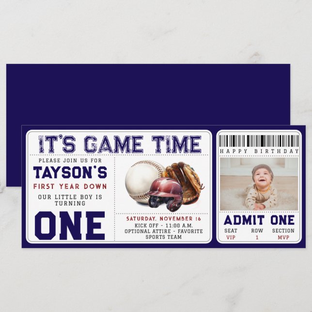 Invitación Baseball First Year Down 1st Birthday Ticket (Anverso / Reverso)