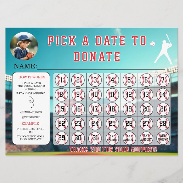 Invitación Baseball Fundraiser Calendar Template (Anverso)
