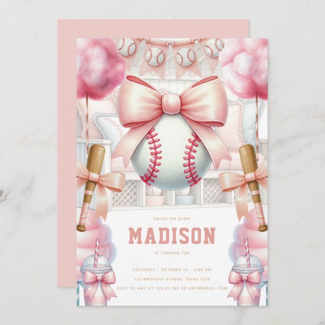 Invitación Baseball Luxury Birthday Girly Sports Theme (Anverso / Reverso)