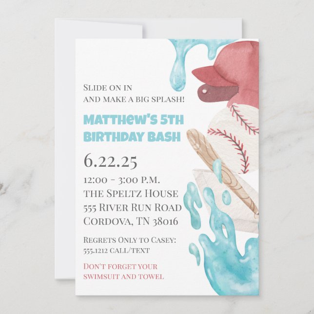 Invitación Baseball Pool Party Birthday Invitation (Anverso)