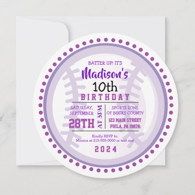 Invitación BASEBALL ROUND Púrpura fiesta de cumpleaños (Anverso)