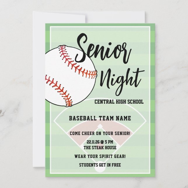 Invitación Baseball Senior Night High School Party (Anverso)