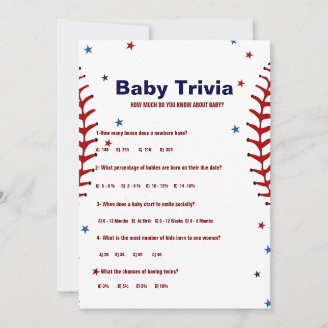 Invitación Baseball sport Baby trivia Baby shower game Card (Anverso)