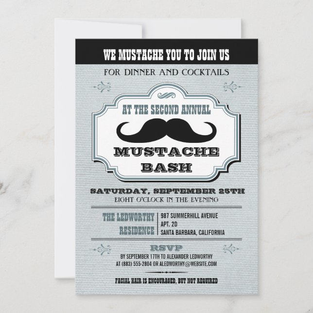 Invitación Bash de bigote azul vintage (Anverso)