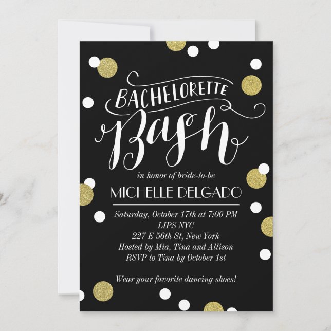 Invitación Bash de Confetti Gold | Bachelorette Party (Anverso)