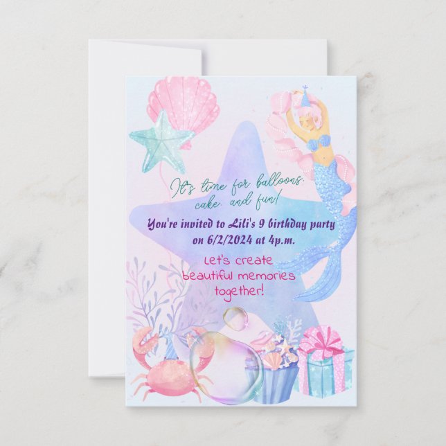 Invitación Bash de cumpleaños con tema de Sirena (Anverso)