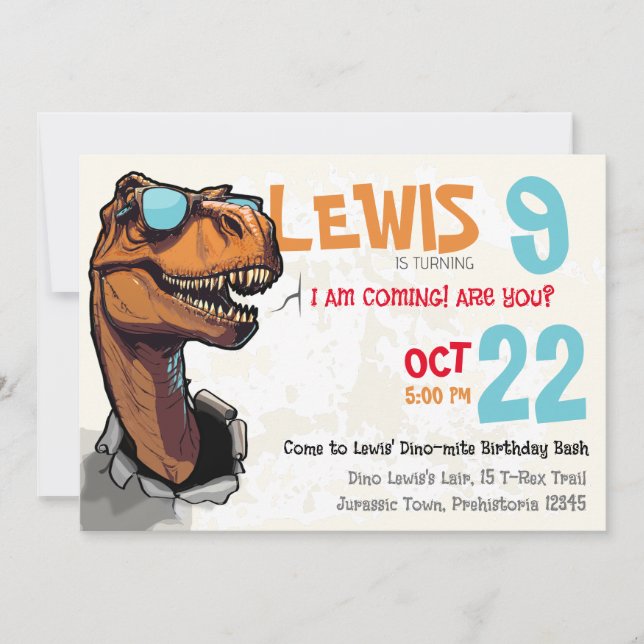 Invitación Bash de cumpleaños de Dino-mite: rugido con T-Rex (Anverso)
