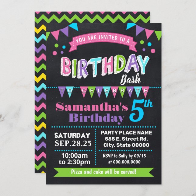 Invitación Bash de cumpleaños Fiesta Chalkboard Pink (Anverso / Reverso)
