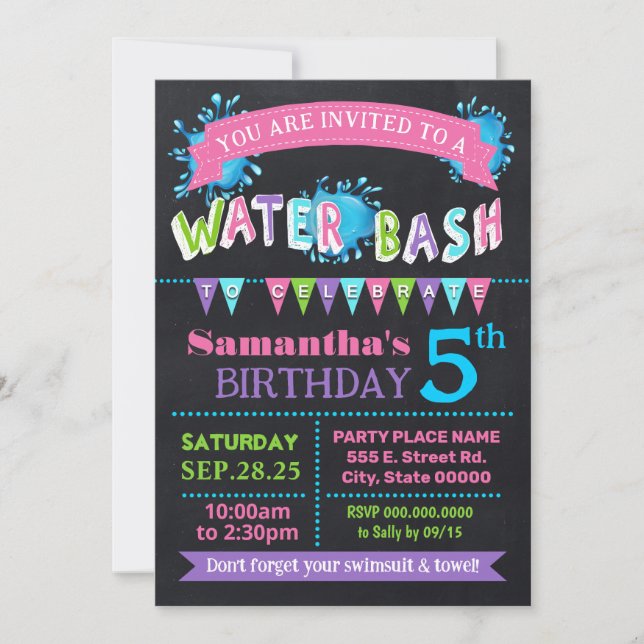 Invitación Bash de cumpleaños Fiesta de verano Chalkboard ros (Anverso)