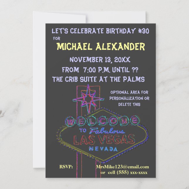 Invitación Bash de cumpleaños neón de Las Vegas (Anverso)