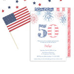 Invitación Bash de cumpleaños número 50: rojo, blanco y azul<br><div class="desc">"¡Arranca tu celebración patriótica con estilo con nuestra invitación de cumpleaños número 50! Únete a nosotros para una reunión festiva llena de delicias rojas, blancas y azules. Nuestro diseño único muestra el número 50 elaborado con la bandera de los Estados Unidos, pintado a mano con arándanos y fresas. Voltear para...</div>