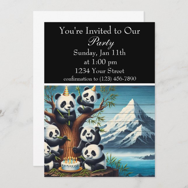 Invitación Bash de cumpleaños panda-monium (Anverso / Reverso)