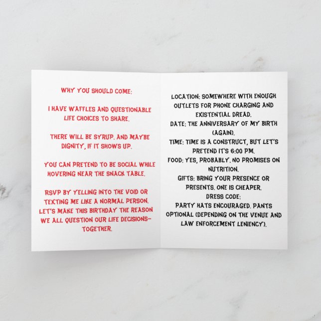 Invitación Bash de cumpleaños satírico con tema de gofre (Interior)