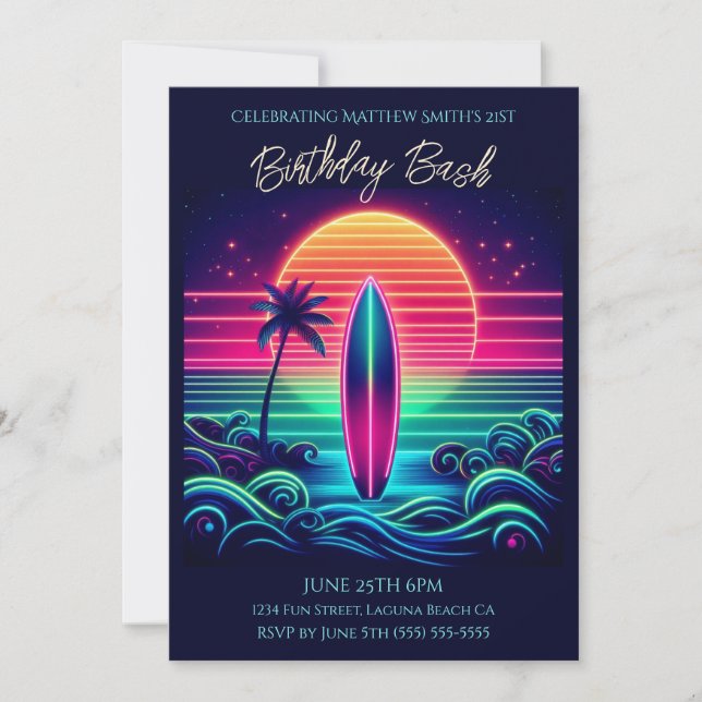 Invitación Bash de Cumpleaños - Surfing the Neon Sunset (Anverso)