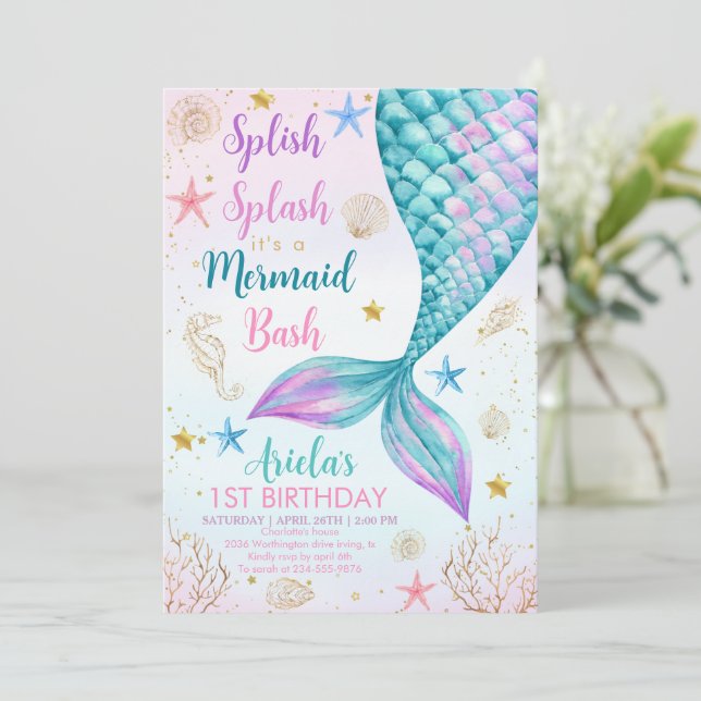Invitación Bash de sirenas bajo el mar Primer cumpleaños (Anverso de pie)