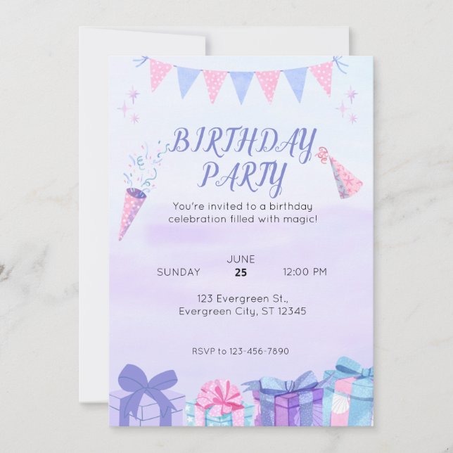 Invitación Bash Purple Blue Birthday (Anverso)