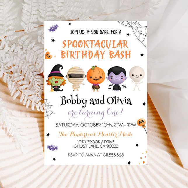 Invitación Bash Spooktacular de cumpleaños de Halloween gemel (Subido por el creador)