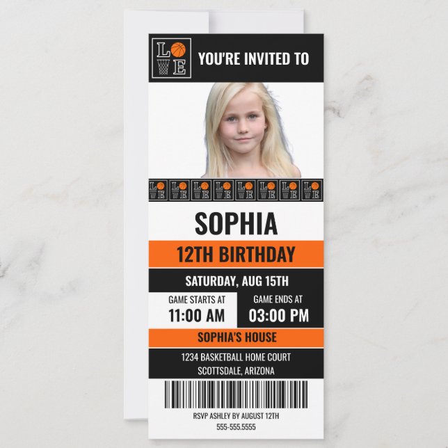 Invitación Basketball Birthday Girl, Basketball player (Anverso)