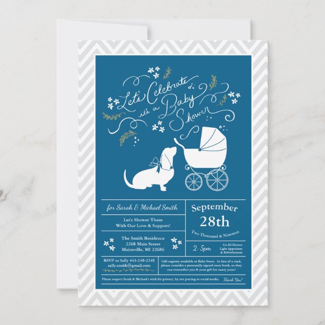 Invitación Basset Hound Dog Baby Shower Boy Blue (Anverso)