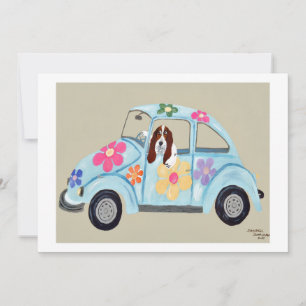 Invitación Basset Hound en coche hippie