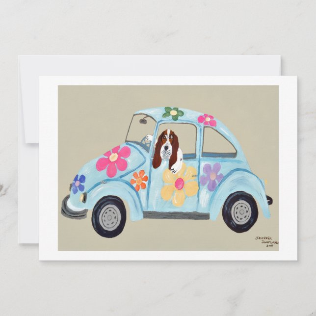 Invitación Basset Hound en coche hippie (Anverso)