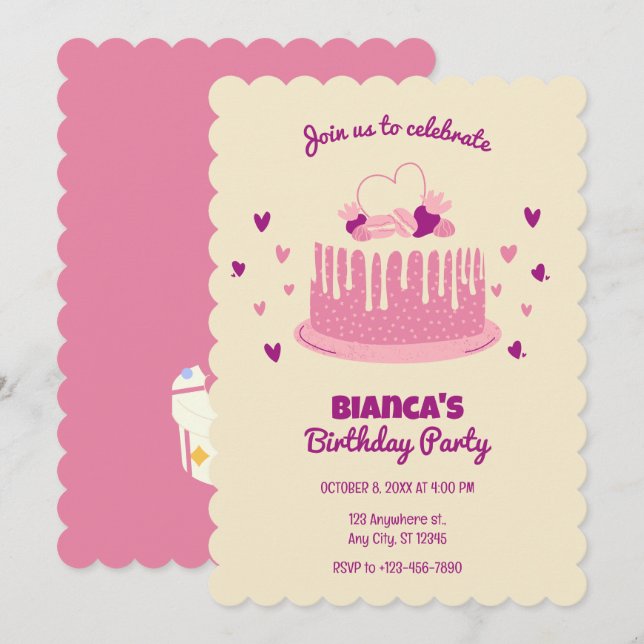 Invitación Bastante rosa lindo pastel de cumpleaños (Anverso / Reverso)