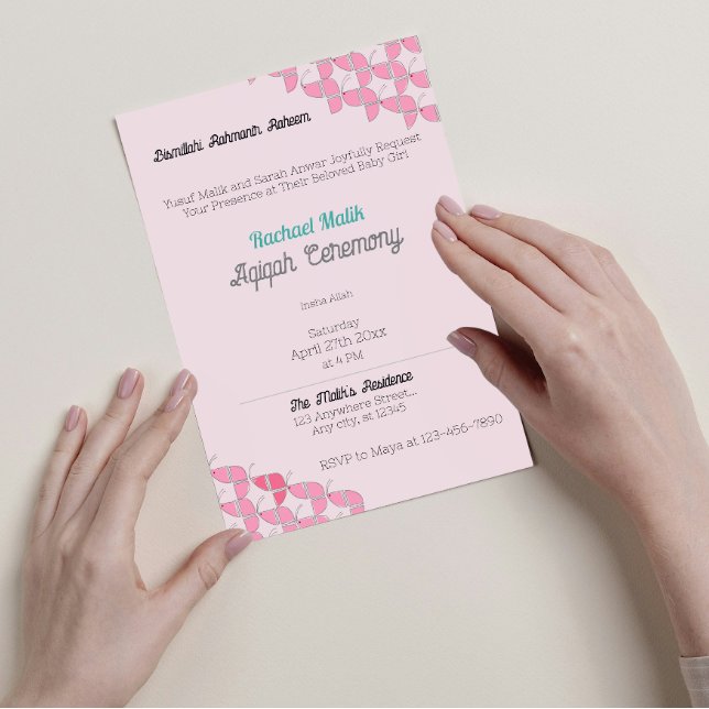 Invitación BASTANTE Rosa Verde azulada, Niña Bebé Aqiqah Baby (Subido por el creador)