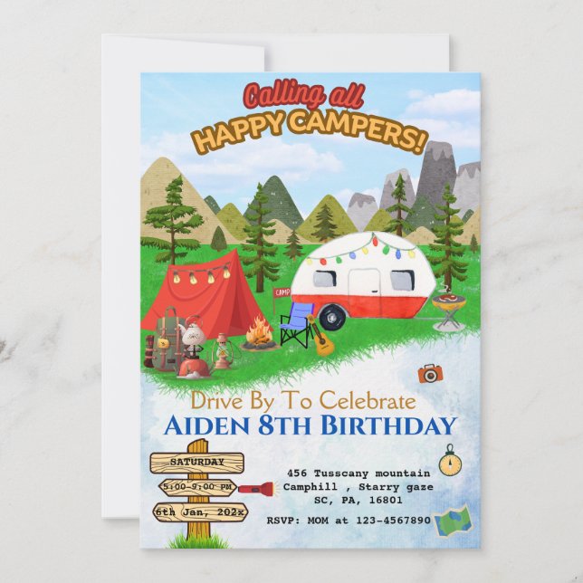 INVITACIÓN BASURA DE CUMPLEAÑOS DE CAMPAMENTO, CAMPANDO EN MO (Anverso)