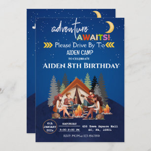 INVITACIÓN BASURA DE CUMPLEAÑOS DE CAMPAMENTO, CAMPANDO EN MO