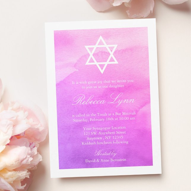 Invitación Bat de color morado y rosa Mitzvah (Subido por el creador)