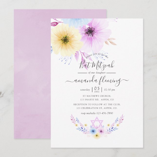 Invitación Bat de Floral rosa y azul pastel Mitzvah (Anverso / Reverso)
