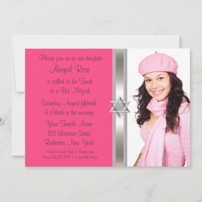 Invitación Bat de foto rosa Mitzvah (Anverso)