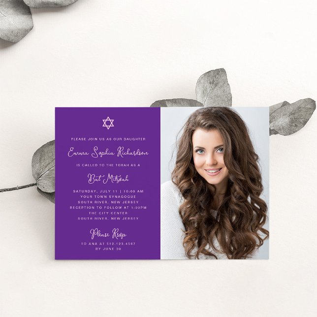 Invitación Bat de foto rosa y morado dulce y simple Mitzvah (Subido por el creador)