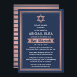 Invitación Bat de zoom virtual Mitzvah Navy Blue Rosa Gold<br><div class="desc">Ya sea que amigos y familia estén practicando el distanciamiento social o que simplemente vivan lejos, conéctense con ellos en línea con una ceremonia y celebración virtual del bat mitzvah. Esta elegante y moderna invitación incluye una redacción para un evento en línea de larga distancia a través de videoconferencia en...</div>