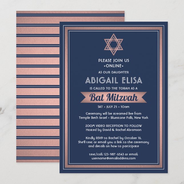 Invitación Bat de zoom virtual Mitzvah Navy Blue Rosa Gold (Anverso / Reverso)
