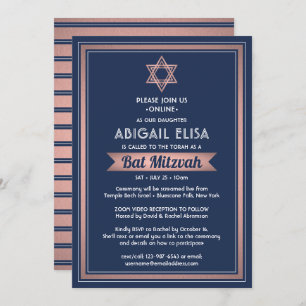 Invitación Bat de zoom virtual Mitzvah Navy Blue Rosa Gold