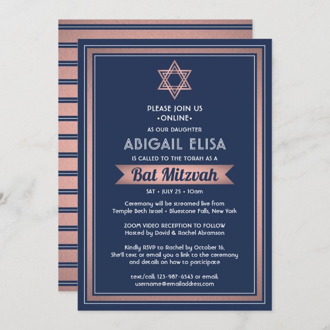 Invitación Bat de zoom virtual Mitzvah Navy Blue Rosa Gold (Anverso / Reverso)