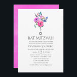 Invitación Bat Floral Mitzvah de acuarela de color rosa calie<br><div class="desc">Sutiles rosas de temática caliente rosada y peonías de mitzvah de murciélago floral con acentos de morado,  turquesa,  azul y violeta.</div>